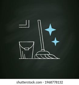 Mopping chalk icon. Bucket and mop sparkling with tidiness. Concept of floor cleaning, house maintenance service and tidy household. Isolated vector illustration on chalkboard