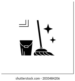 Mopping glyph icon. Bucket and mop sparkling with tidiness. Concept of floor cleaning, house maintenance service and tidy household.Filled flat sign. Isolated silhouette vector illustration