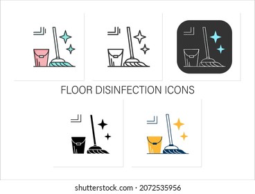 Mopping icons set.Bucket,mop sparkling with tidiness.Concept of floor cleaning,house maintenance service,tidy household.Collection of icons in linear, filled,color styles.Isolated vector illustrations