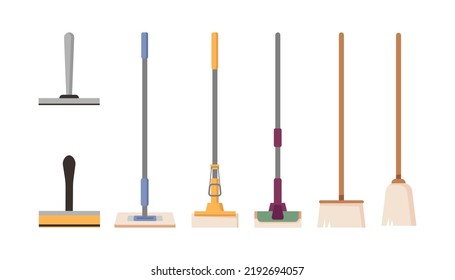Mops and brushes variety and types. Isolated cleaning equipment for home or office. Hand scrubs and swabber for tidying up floor and surface. Vector in flat style