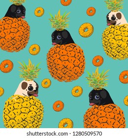 
mops dog, pets, in juicy pineapple print, vector illustration