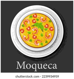 Moqueca. Brazilian seafood stew with shrimp. Latin American cuisine. Colorful vector illustration.