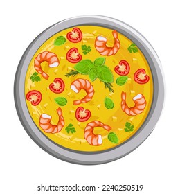 Moqueca. Brazilian seafood stew with shrimp. Latin American cuisine. Colorful vector illustration.