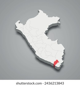 Moquegua department highlighted in red on a grey Peru 3d map