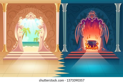 Moral choice, afterlife reward or payoff cartoon vector concept. Heaven and hell gates with figures of praying angels and horned demons, leading on tropical shore or boiling pot in fire illustration