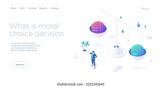 Moral decision concept in isometric vector design. Person ethics, manners and character choice metaphor. Web banner layout template