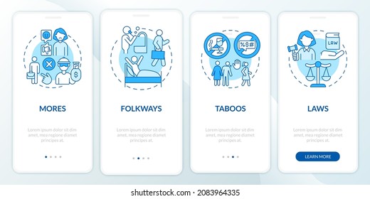 Moral norms example onboarding mobile app page screen. Social rules in community walkthrough 4 steps graphic instructions with concepts. UI, UX, GUI vector template with linear color illustrations