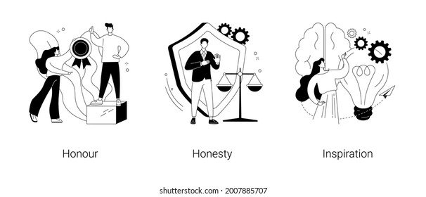 Moral Principles Abstract Concept Vector Illustration Set. Honour And Honesty, Creative Inspiration, Professional Quality, New Idea Brainstorming, Ethics And Value, Public Respect Abstract Metaphor.