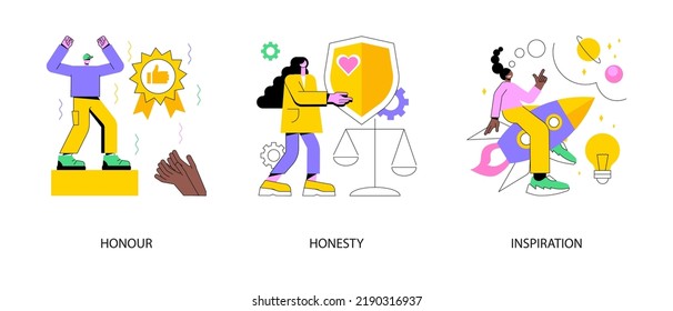 Moral Principles Abstract Concept Vector Illustration Set. Honour And Honesty, Creative Inspiration, Professional Quality, New Idea Brainstorming, Ethics And Value, Public Respect Abstract Metaphor.