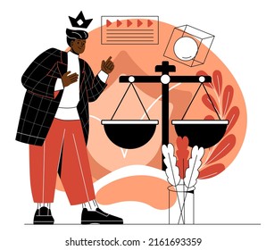 Moral principles of company. Male employee adheres to values of honesty, trust and responsibility in his work. Business ethics. Character with scales. Cartoon flat vector illustration in doodle style