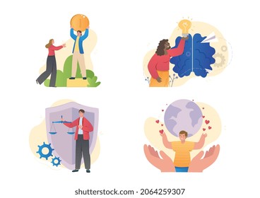 Moral principles concept. Honor, justice, inspiration, support and care. Men and women adhere to humane values and principles. Cartoon flat vector set of illustrations isolated on white background