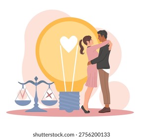 Moral principles. Ethical standards, social pressure, couple in love, treason, romantic relationship, decision scales, emotional support and partnership balance vector cartoon flat isolated concept