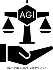 Moral Responsibility icon. Scale with AGI symbol. Symbolizes ethical accountability and the importance of fairness in decision-making. Suitable for concepts like ethics, integrity, and justice.