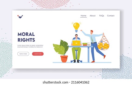 Moral Rights Landing Page Template. Plagiarism And Infringement Of Copyright. Creator Character Writing Article And Plagiarist Stealing His Ideas And Work Results. Cartoon People Vector Illustration