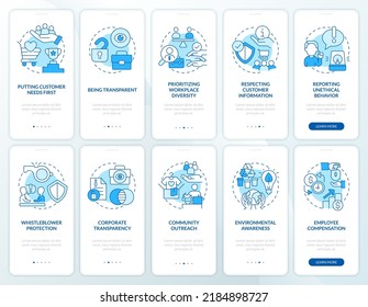 Moral standards to business blue onboarding mobile app screen set. Walkthrough 5 steps editable graphic instructions with linear concepts. UI, UX, GUI template. Myriad Pro-Bold, Regular fonts used