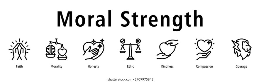 Moral strength icon vector concept highlighting faith, morality, honesty, courage, compassion, and strong ethical character.
