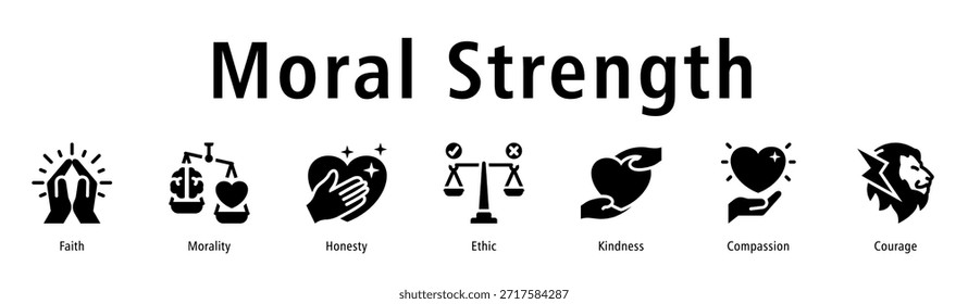 Moral strength icon vector concept highlighting faith, morality, honesty, courage, compassion, and strong ethical character.