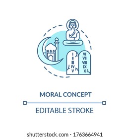 Moral turquoise concept icon. Cultural diversity. Buddhism and christianity. Hindu temple. Different religion idea thin line illustration. Vector isolated outline RGB color drawing. Editable stroke
