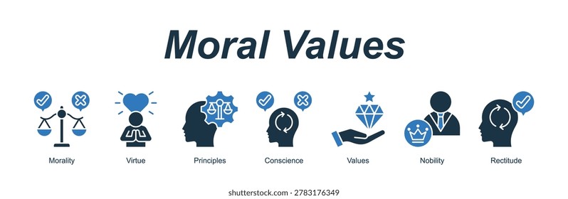 Moral Values web banner icon concept for with icon of Morality, Virtue, Principles, Conscience, Values, Nobility, Rectitude.