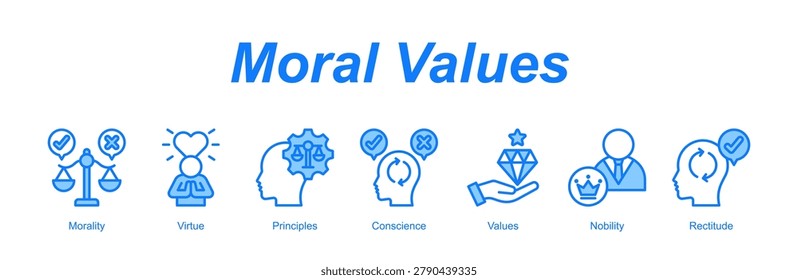 Moral Values web banner icon concept for with icon of Morality, Virtue, Principles, Conscience, Values, Nobility, Rectitude.