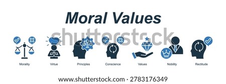 Moral Values web banner icon concept for with icon of Morality, Virtue, Principles, Conscience, Values, Nobility, Rectitude.