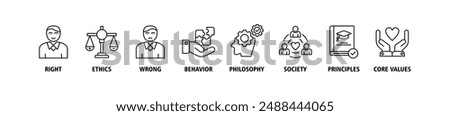 Morality banner web icon set vector symbol illustration concept with icon of Right, ethics, wrong, behavior, philosophy, society, principles, core values. Business banner web vector infographic