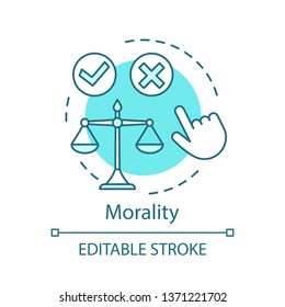 Morality Concept Icon. Justice Idea Thin Line Illustration. Moral Choice. Problem Solving. Law Balance. Code Of Conduct. Ethical Decision Making. Vector Isolated Outline Drawing. Editable Stroke