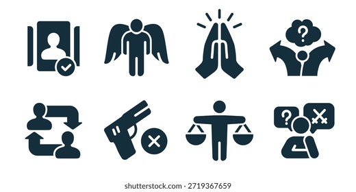 Moral ausgezeichnete Ikonensammlung. Set von verifizierter Identität, Schutzengel, Gebetshände, moralische Wahl, Personenaustausch, Waffenverbot, Fairness-Waagen, Symbole für Konfliktdebatten