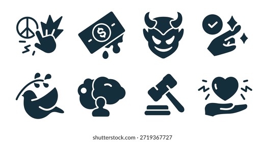 Moralidad excelente icono de colección. Conjunto de protesta de paz, dinero del soborno, máscara malvada, control de honestidad, cuidado de la naturaleza, salud mental, mazo de justicia, iconos del corazón de ayuda