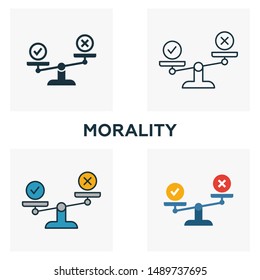 Morality icon set. Four elements in diferent styles from business ethics icons collection. Creative morality icons filled, outline, colored and flat symbols.