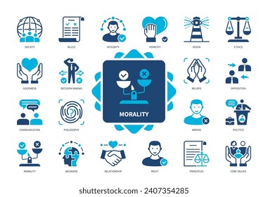 Morality icon set. Right, Ethics, Wrong, Behaviour, Philosophy, Society, Decision Making, Core Values. Duotone color solid icons