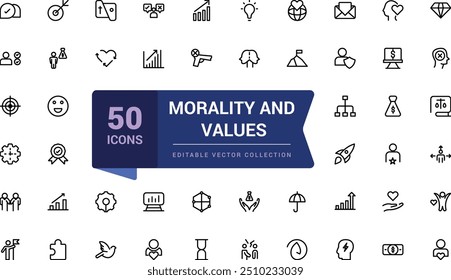 Moralidade e valores linha ícones coleção. Ícone minimalista da Web e IU. Contornar coleções de ícones. Ilustração vetorial editável.