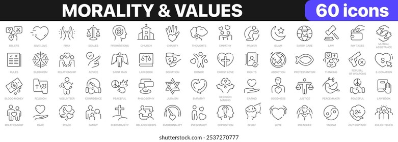 Morality and values line icons collection. Empathy, religion, donation, caring, family, belief icons. UI icon set. Thin outline icons pack. Vector illustration EPS10