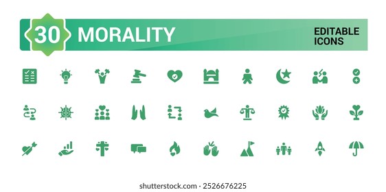 Morality and values solid icons set, UI icon set for web and app design, Filled ico collection, Thin outline icons pack. Editable and pixel perfect.
