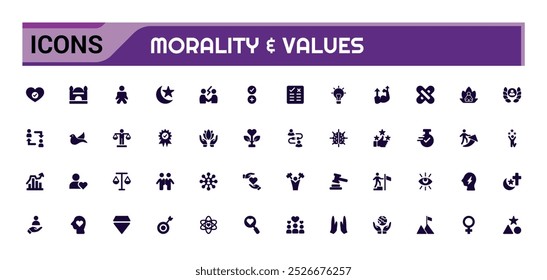 Morality and values solid icons set, UI icon set for web and app design, Filled ico collection, Thin outline icons pack. Editable and pixel perfect.
