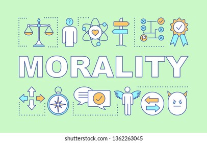 Morality word concepts banner. Reliability, honesty. Business ethics. Moral dilemma resolving. Presentation, website. Isolated lettering typography idea with linear icons. Vector outline illustration