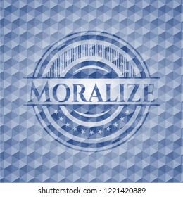 Moralize blue badge with geometric pattern background.
