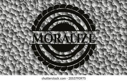 Moralizar el emblema oscuro realista con fondo de burbujas grises. Ilustración vectorial. Detallado. 