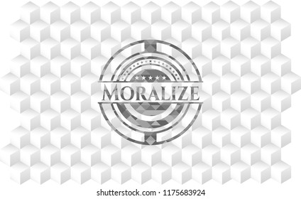 Moralize realistic grey emblem with geometric cube white background