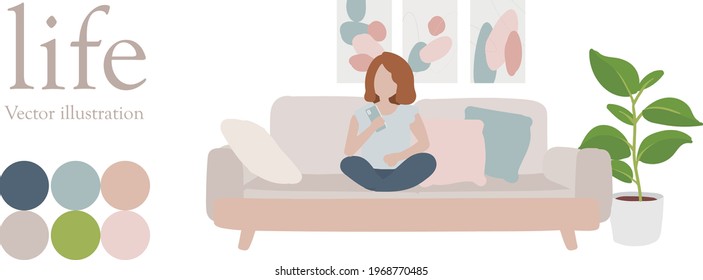 Morandi color hand drawn stylish family life vector decoration of woman sitting on sofa and using mobile phone. Green potted plants relax indoor, modern, life, house photo frame pop style background