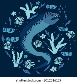 Moray eel cartoon character. Marine underwater scene with fish, moray eels, corals, algae, starfish. Underwater monster isolated on blue background. Children's print on T-shirt. Hand drawn flat vector