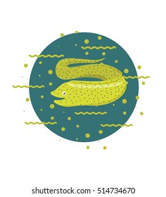 Moray Eel fish illustration. Logo, icon concept for diving school or scuba club. Stylized waves and splatter.