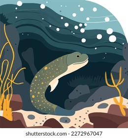 Moray eel in rocky reef. Underwater fish and sea creatures in natural habitat. Flat vector illustration concept