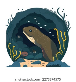 Moray eel in rocky reef. Underwater fish and sea creatures in natural habitat. Flat vector illustration concept