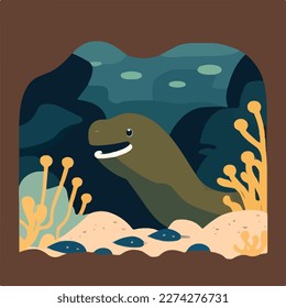 Moray anguila en el arrecife rocoso. Peces submarinos y criaturas marinas en el hábitat natural. Concepto de ilustración vectorial plana