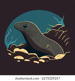 Moray eel in rocky reef. Underwater fish and sea creatures in natural habitat. Flat vector illustration concept