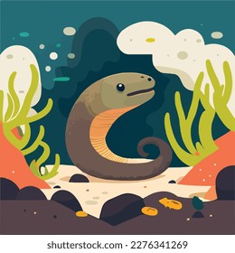 Moray eel in rocky reef. Underwater fish and sea creatures in natural habitat. Flat vector illustration concept