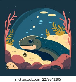 Moray eel in rocky reef. Underwater fish and sea creatures in natural habitat. Flat vector illustration concept