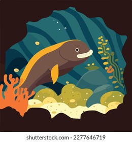 Moray eel in rocky reef. Underwater fish and sea creatures in natural habitat. Flat vector illustration concept
