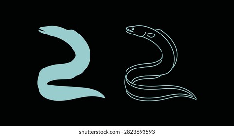 Moray eel silhouette and detailed outline illustration with silhouette, wildlife
